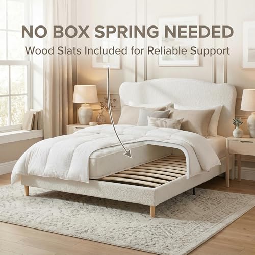 Queen Size Bed Frame with Upholstered Headboard, Beige, view 8
