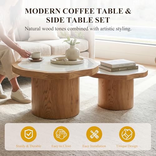 Nesting Coffee Table Set of 2, Modern Coffee Table and End Table Set, Fiberglass Top Wood Grain Accent Table for Living Room Bedroom, Natural Color