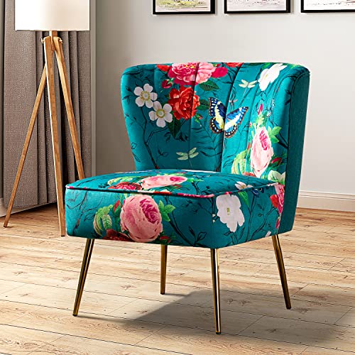 Accent Chair with Golden Metal Legs, Comfy Tufted Wingback Living Room Chair Floral Fabric Small Armless Side Chair, Upholstered Slipper Chair for Bedroom, Reading Room (Flower Print&BLUE)