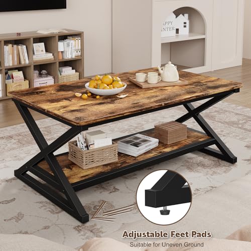 Rustic Brown Rectangle Coffee Table for Living Room, 39.4" Farmhouse Minimalist Industrial Wooden Metal 2 Tier Center Tables with Storage Shelf, 350lbs Load Capacity, Easy Assembly