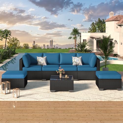 7 Piece Outdoor Patio Furniture Set, PE Rattan Outdoor Wicker Sectional Furniture Chair Set with Cushions and Tea Table, Black Rattan and Peacock Blue Cushion