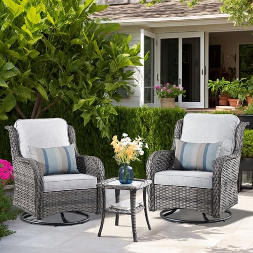 Patio Furniture Set,3 Piece Outdoor Furniture with Swivel Chairs,Wicker Patio Bistro Chairs Set,Light Gray