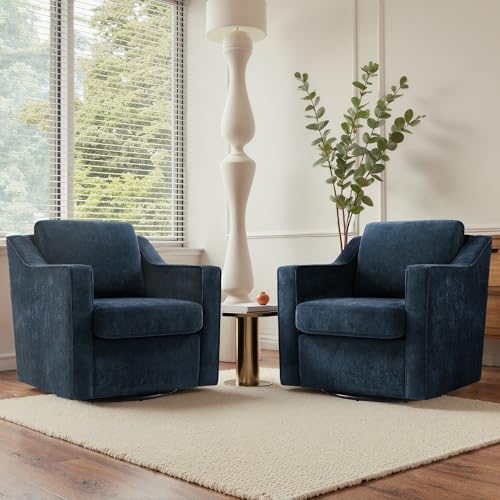 Swivel Accent Chairs Set of 2, Chenille Armchair with Lumbar, Navy | Comfortable Upholstered | Modern Reading Seat | Solid Wood Frame | High-Resilience Foam Padding | For Living Room, Bedroom