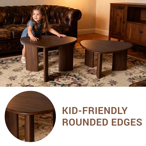 Nesting Coffee Table Set of 2, Modern Walnut Wood Veneer Coffee Table and Side Table Set for Living Room, Small End Table Set with Flexible Use and Space-Saving Design