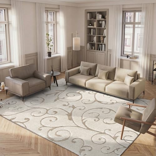 SAFAVIEH Florida Shag Collection Area Rug - 5'3" x 7'6", Cream & Beige, Scroll Design, Non-Shedding & Easy to Clean, High-Low Plush Pile, Ideal for Living Room, Bedroom, Dining Space (SG455-1113)