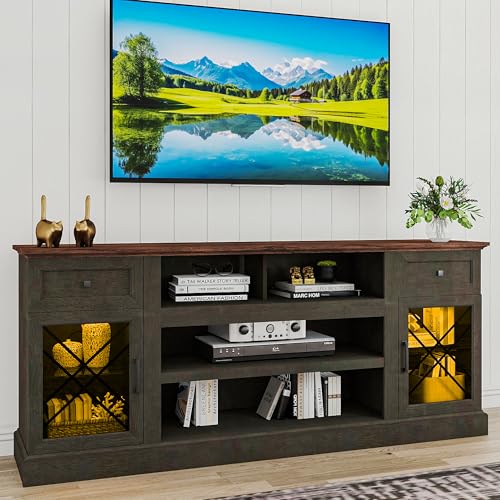 70 Inch Farmhouse TV Stand Table for 75 80 inch TV, Modern Entertainment Center with LED Lights and 2 Drawers, Wooden TV Stands for Living Room (Espresso)