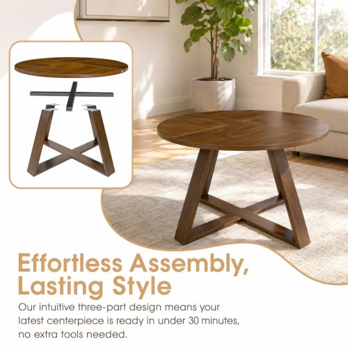 Round Coffee Table for Living Room, Circle Modern Coffee Table with Open Storage & Cross Base, Walnut Wooden Grain Accent Center Table for Small Space, Office, Apartment, Rustic Brown