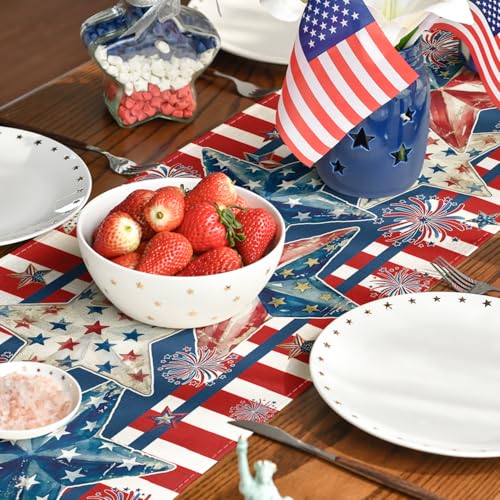 American Flag Stars 210 GSM 4th of July Table Runner, Patriotic Memorial Day Kitchen Dining Table Decoration for Home Party Decor 13x72 Inch