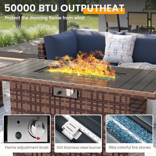 Patio Furniture Set with 44'' Fire Pit Table, 8 PCS Outdoor Sectional Furniture Sets, Slanted Back Outdoor Conversation Set PE Rattan Sofa for Porch W/Coffee Table, Blue