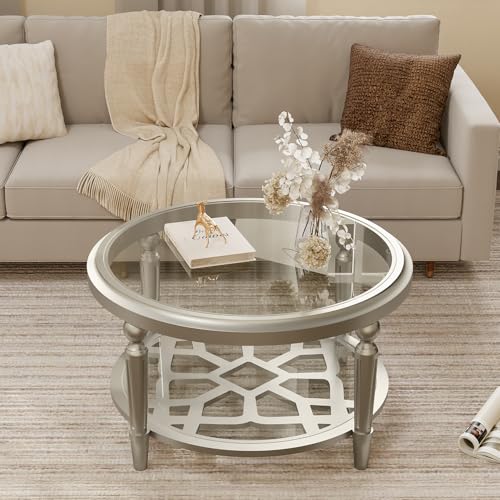 32" Round Glass Coffee Table with Storage, 2-Tier Modern Champagne Center Table for Living Room, Elegant Clear Glass Top Accent Table with Pine Wood Frame, Simple Home Office Furniture