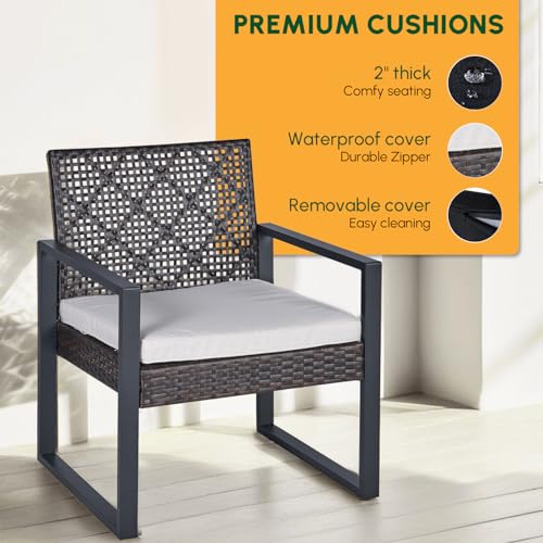 Wicker Patio Furniture Outdoor Conversation Set of 4, Rattan Outdoor Furniture Set, Acacia Wood Table, 2 Chairs, 1 Loveseat, 2โ Cushions, All Weather Set for Patio, Porch, Balcony (Black)