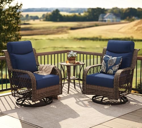 Outdoor Swivel Chairs 3 Piece Wicker Rocking Chairs Set Patio Furniture Set with Rattan Side Table Rocker Bistro Sets for Outside Porch Backyard (5" Thick Cushions and 25" Full Support Back)