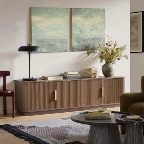 67" Fluted TV Stand with Storage, Faux Marble Top, Walnut, view 7