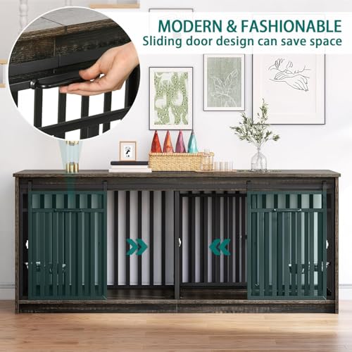 71" Double Dog Crate Furniture for 2 Dogs with 4 Bowls, view 8