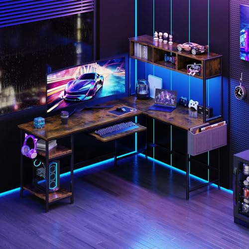 67" L Shaped Gaming Desk, Corner Desk for Compact Spaces with Keyboard Tray & Storage Shelf,Reversible Computer Desk with LED Lighting,Metal Frame PC Gaming Table for Home Office Bedroom,Rustic
