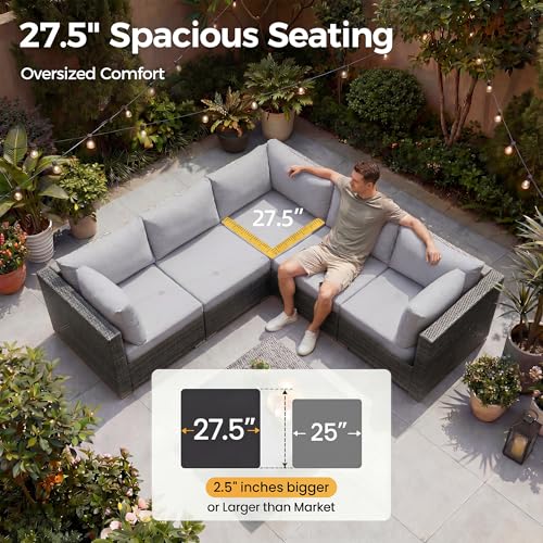 29.3'' High Back Outdoor Patio Furniture Set with Firepit Natural Gas & Propane, 9 Piece Extra Large Conversation Set with Fire Pit Table, Modern Deep Wide Modular Wicker Sofa Couches, Gray