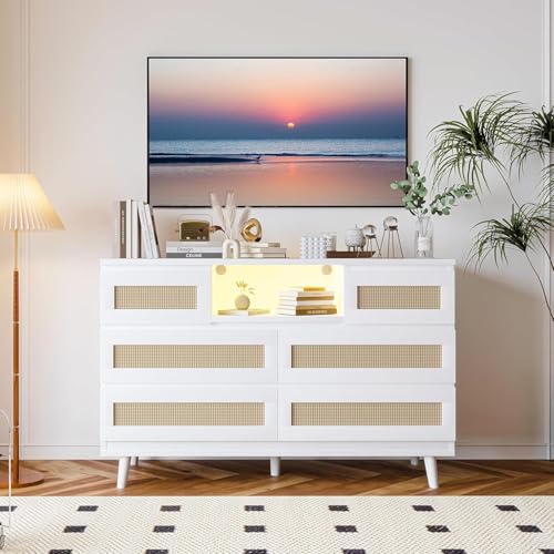 Modern Rattan 6 Drawer Dresser with LED Light & Charging Station, view 2