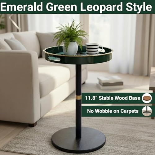 Boho Single Leg Round Side Table with Tray Top, Pedestal Drink Table for Small Spaces, Aesthetic Accent Nightstand for Living Room, Bedroom, Corners, and Office (Green Leopard)