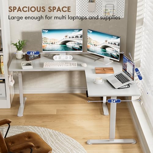 63 x 55 Inch L Shaped Standing Desk with 2 Preset Heights, Electric Height Adjustable Computer Table, 2 Hooks & Feet Balance, Corner Sit Stand Desk for Home Office (White, 63 x 55 Inch)