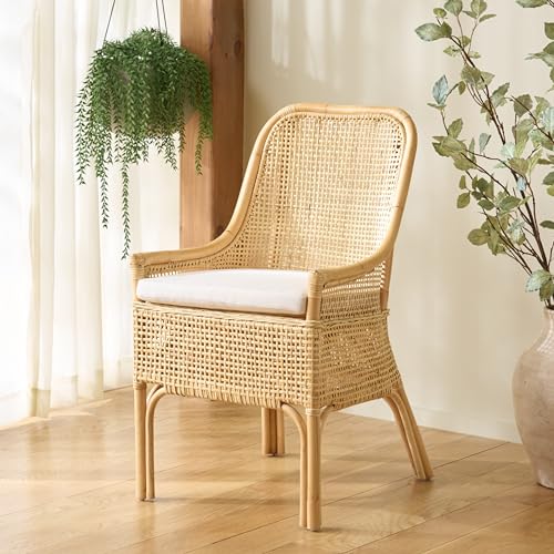 SAFAVIEH Furniture - Alina Dining Chair - Light Natural Rattan & White Cushion - Woven Armchair Design - Ideal for Dining Room, Kitchen, 18.3" Seat Height (DCH6511A)