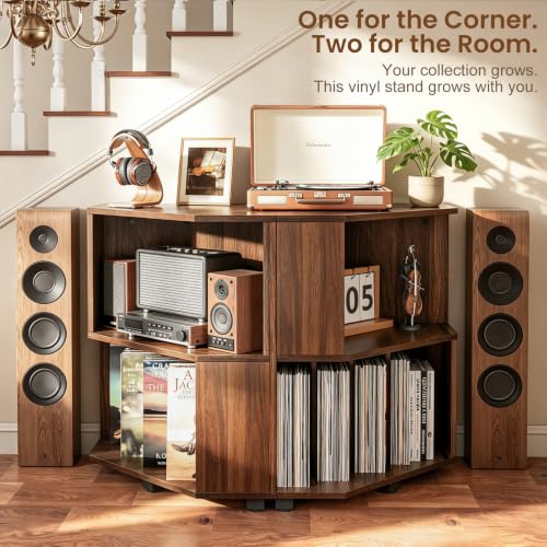 Corner Record Player Stand, Record Player Cabinet, Walnut, view 7