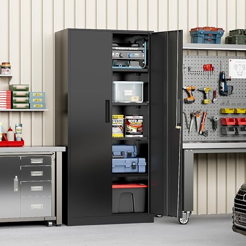 Metal Cabinet, 72" Black Locking Metal Storage Cabinet with 2 Doors and 4 Adjustable Shelves, Lockable Garage Storage Cabinets for Home Office, Garage, Kitchen, Living Room