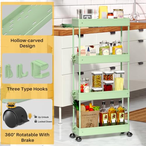Slim Rolling Storage Cart 4 Tier Bathroom Organizer Utility Cart Mobile Shelving Unit Tower Rack for Kitchen, Laundry Room, Bathroom, Narrow Places, Green