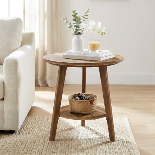 Tribesigns Solid Wood Round Side Table Set of 2, 2-Tier Farmhouse End Table with Storage Shelf, Nightstand for Living Room, Bedroom, Easy Assembly (2, Brown)
