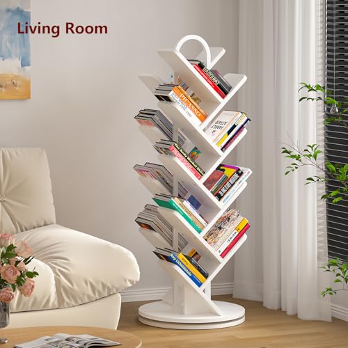 16-Tier Tree Rotating Bookshelf, 360 Degree Spinning Standing Bookcase for Magazines DVDs Books, Corner Bookcase for Living Room Bedroom Study, White