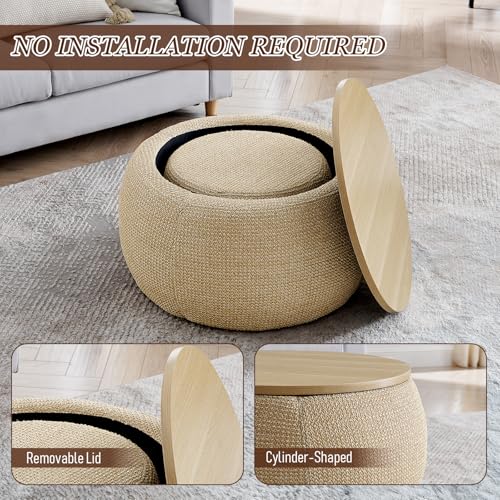 TTK Round Ottoman with Storage Set of 2, 25" Large Upholstered Storage Ottoman Set Coffee Table with Removable Wood Tray, Modern Circle Foot Stool Padded Bench Ottomans for Living Room (Natural)