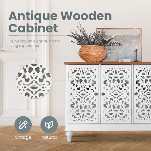 White Accent Cabinet with Doors, Farmhouse Credenza Cabinets for Living Room, Sideboard Buffet Cabinet with Storage