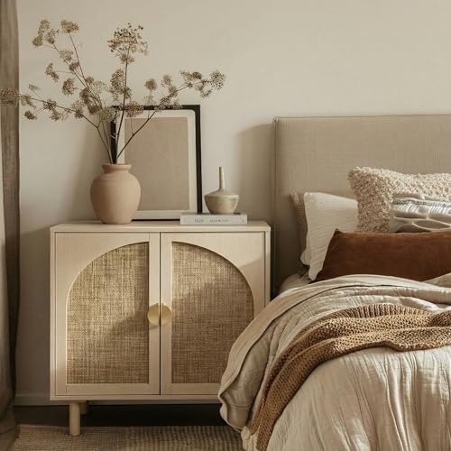 Beige boho rattan storage cabinets with adjustable shelf, 2 pieces, view 8