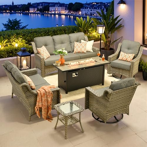 6 PCS Outdoor Patio Furniture Sets,Patio Conversation Sets Outside Rattan Soft Cushion Sofa with 2 Wicker Rocking Chairs & 54 in Fire Pit Table Fit Backyard Porch Garden Poolside Balcony,Dark Grey