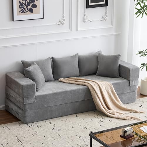 79" Convertible Folding Sofa Bed Queen, Sleeper Sofa Couch with Armrest and Pillows, Chenille Fold Out Floor Chaise Lounge, Comfy Foldable Futon Mattress for Living Room, Bedroom (Grey 7.87")