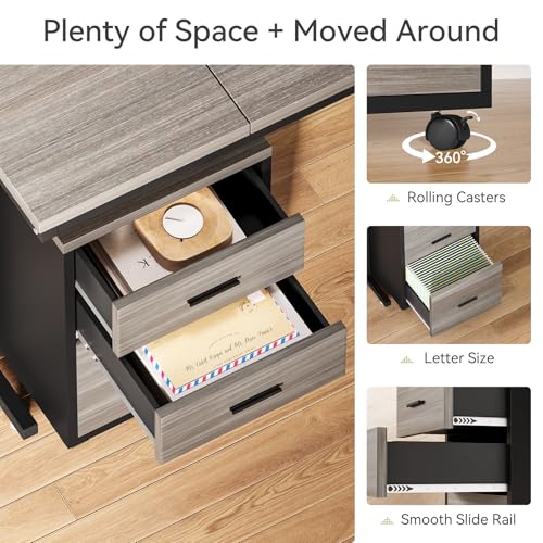 82.67" Long Executive Desk with Drawers, Large L-Shaped Office Desk with Mobile File Cabinet, Farmhouse Computer Office Furniture Work Desk with Storage for Home Office, Gray
