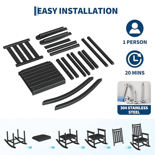HDPE Rocking Chair Outdoor Set of 2 with Side Table - Poly High Back Porch Rocker Chairs for Adults - All Weather Resistant Furniture for Patio Front Porch - Black