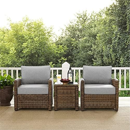Crosley Furniture KO70052WB-GY Bradenton Outdoor Wicker 3-Piece Seating Set (2 Arm Chairs, Side Table), Weathered Brown with Gray Cushions