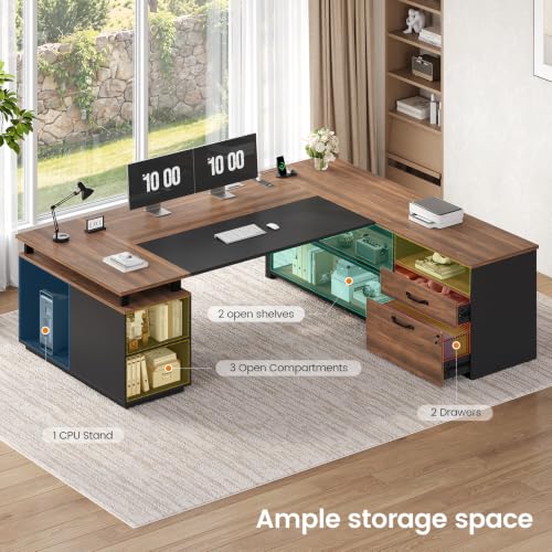 71" L Shaped Executive Desk, Large Office Desk with Lockable File Cabinet, view 7