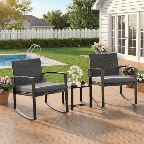 3 Pieces Patio Furniture Set Rocking Bistro Set Outdoor Rattan Conversation with Coffee Table for Garden Balcony Backyard Poolside (Grey Cushion)