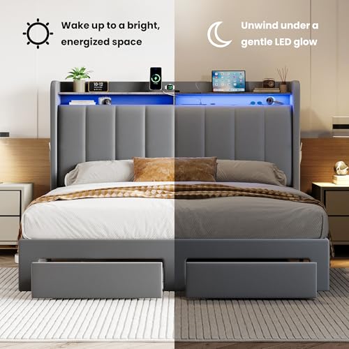 Velvet Queen Bed Frame with Vertical Channel Tufted Wingback Headboard & 2 Storage Drawers/2-Tier Shelves with LED Lights & Charging Station/Noise-Free/No Box Spring Needed/Light Grey