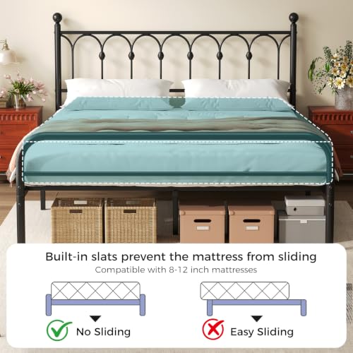 12 Inch King Metal Bed Frame with Victorian Headboard, view 8