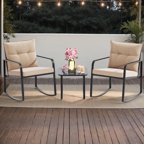 3 Piece Rocking Bistro Set, Black Steel Patio Furniture, Porch Chairs Conversation Set with Glass Coffee Table, Back Cushion, for Balcony, Garden, Pool, Backyard, Beige