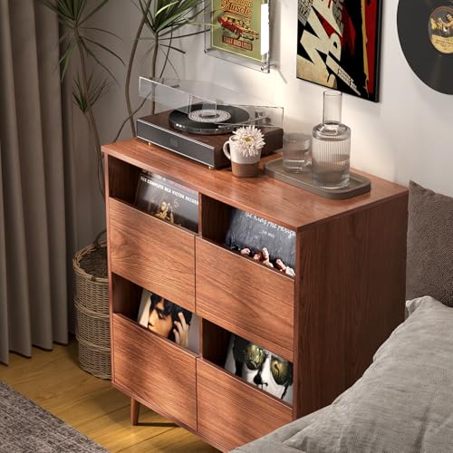 Record Player Stand with Vinyl Storage, Mid-Century, Brown, view 8