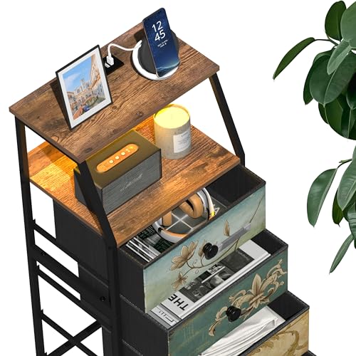 Nightstand with Fabric Drawers Dresser with 2 Tier Shelf Storage Tower for Bedroom Hallway Entryway Closet Organizer Sofa Beside Table Furniture (Multi, 5 Drawers)