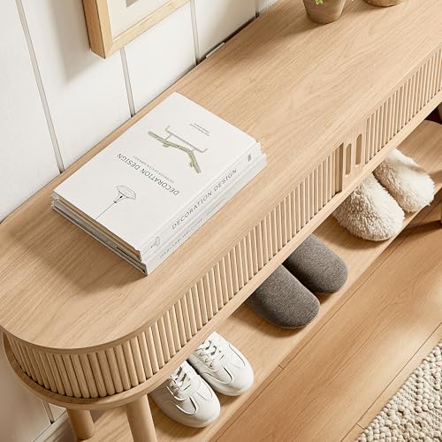 Fluted Console Table, Mid-Century Modern Entryway Cabinet with Sliding Tambour Doors, Narrow Long Sofa Table, Behind-The-Couch Table for Living Room, Hallway (Light Oak)