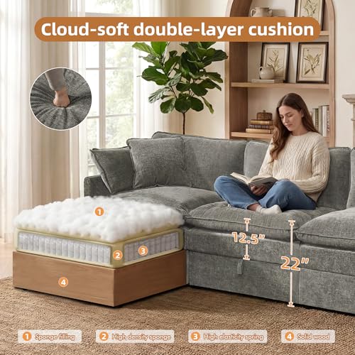 Modular Sectional Sofa with Storage Ottomans,134" U-Shaped Cloud Couch,Comfy Modern Couches with Pillows & Upholstered Deep Seat Cushion for Apartment Living Room Bedroom(Gray)