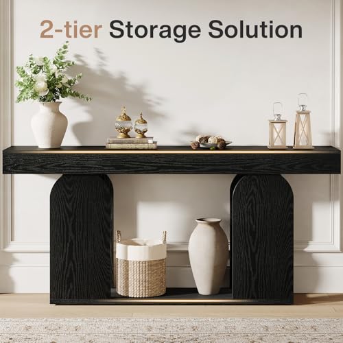 Tribesigns 70.9-Inch Extra Long Sofa Table, Farmhouse Console Tables with Wood Frame and Storage Shelf, 2-Tier Wood Table Behind Couch for Living Room, Hallway, Foyer, Black