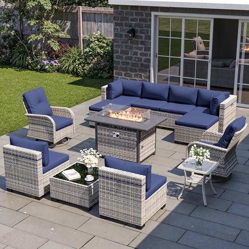 13-Piece Patio Furniture Set, Outdoor Patio Furniture with Swivel Chairs Set, Ottomans, 55,000 BTU Fire Pit Table, Modular Patio Sofa, Dual-Strand Wicker Rattan, Rust-Resistant Frame, Navy Blue