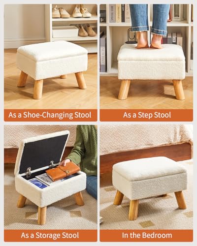Storage Ottoman, Small Foot Stool Ottoman with Storage, White HBD042W | Teddy Velvet, Sturdy Wood Legs, For Living Room Bedroom Couch Entryway