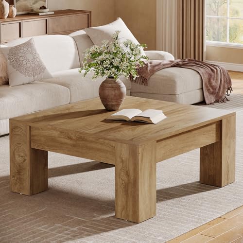 Tribesigns Farmhouse Square Coffee Table, 39-Inch Wooden Coffee Table with Sturdy Legs, Rustic Accent Center Table for Living Room, Easy Assembly, Light Brown